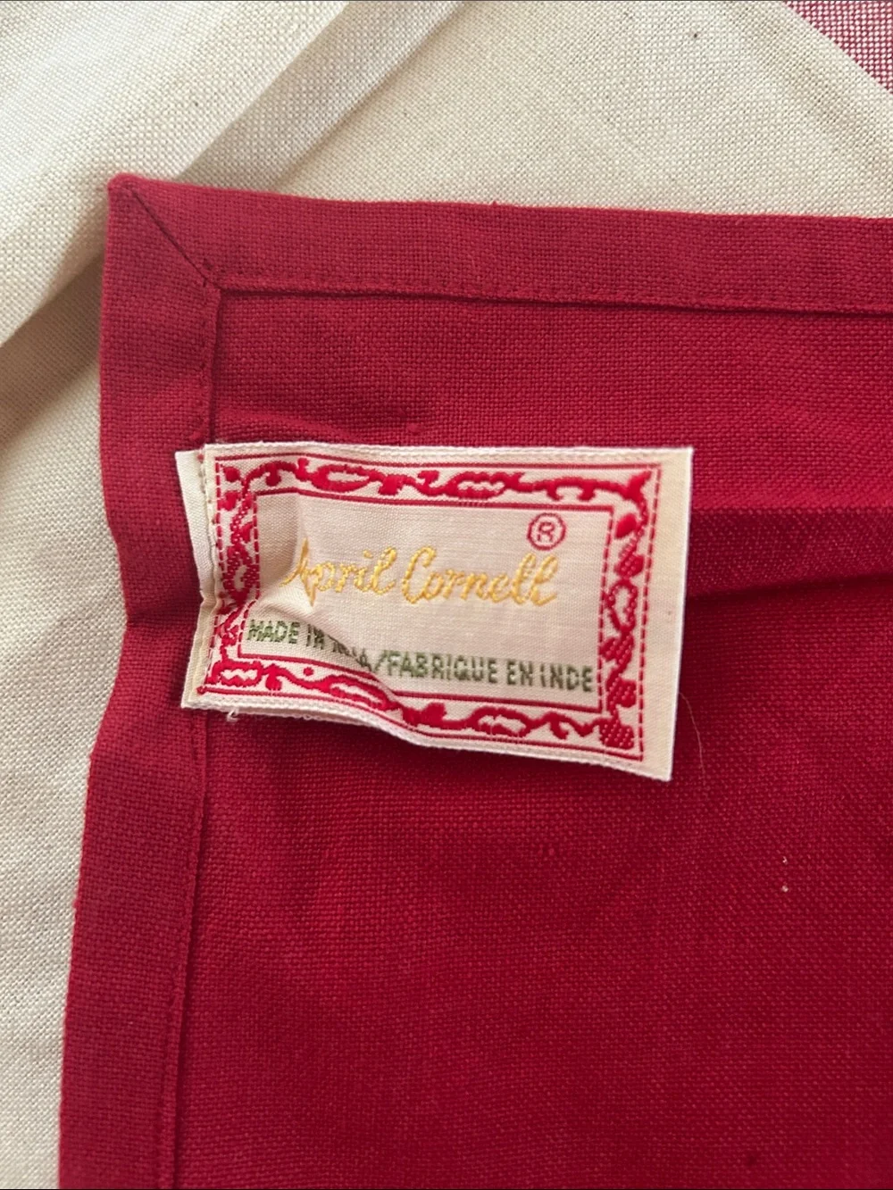 April Cornell Vintage Red and Cream Linen Tablecloth with Embroidered Cherries